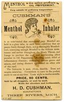 Catarrh, Neuralgia & Headache No More! Cushman's Menthol Inhaler Cures Diseases of the Head Including Hay-Fever, Colds & Bronchitis