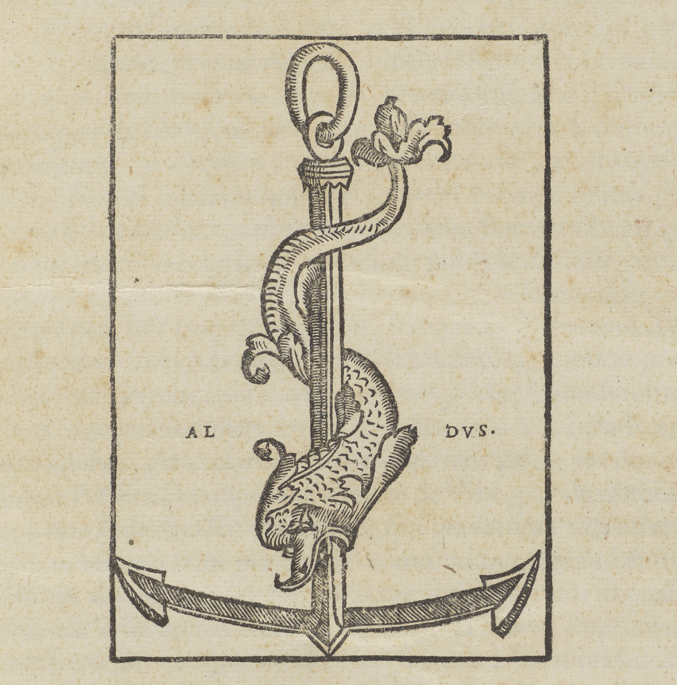 The device of Venetian printer Aldus Manutius, showing a dolphin and an anchor.  From Hippocrates’ Omnia Opera, 1526