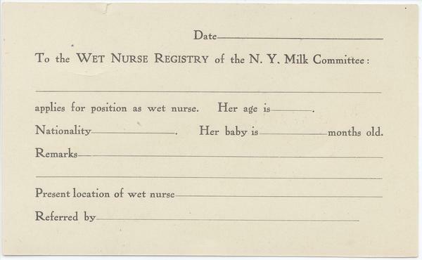 To the Wet Nurse Registry of the N.Y. Milk Committee